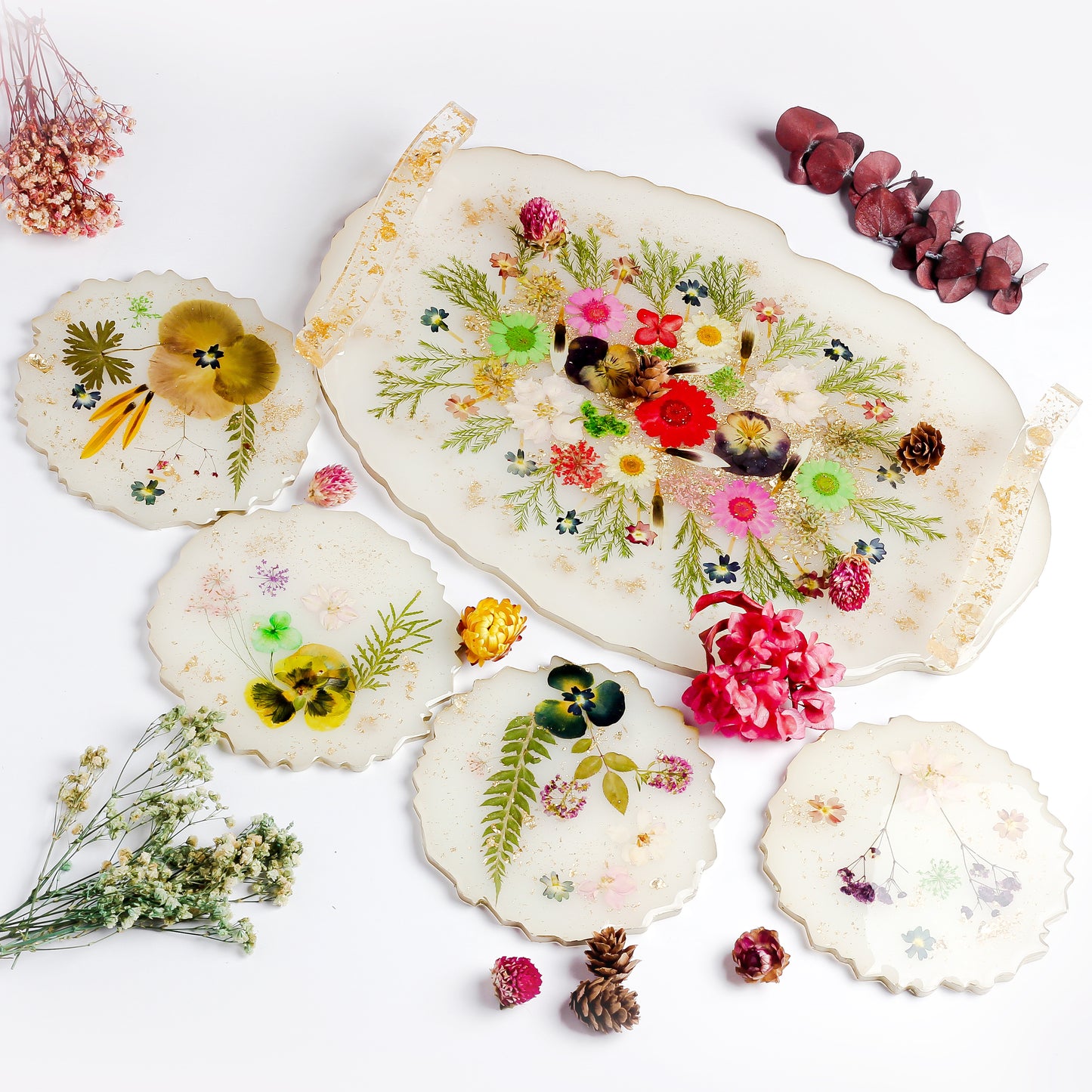 The Garden - Real Flowers Handmade Tray Set With 6 Coasters (White)