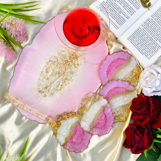 Pearl Pink & Pearl white Handmade Tray With Six Round Coasters