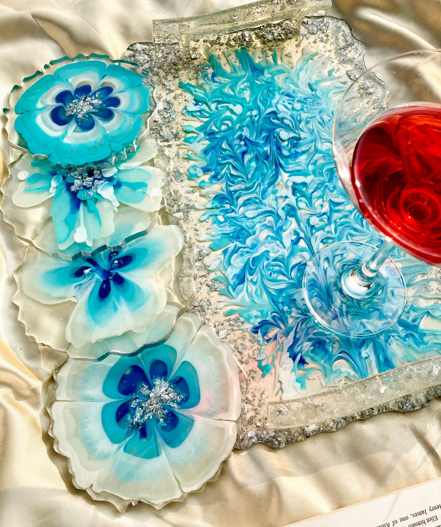 Abstract Handmade Blue Tray With Six Coasters