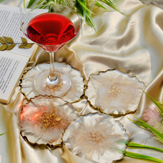 Abstract Handmade Champagne/White Tray With Six Coasters