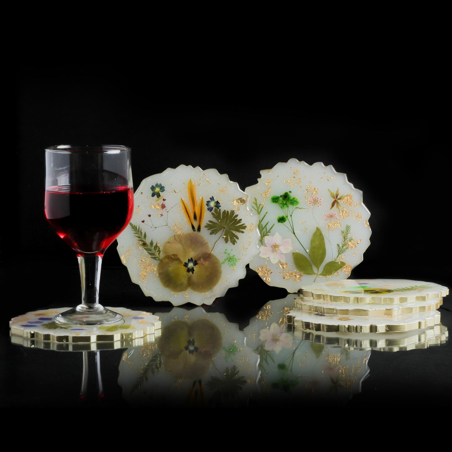 Real Flowers Handmade Set Of 6 Coasters (White)