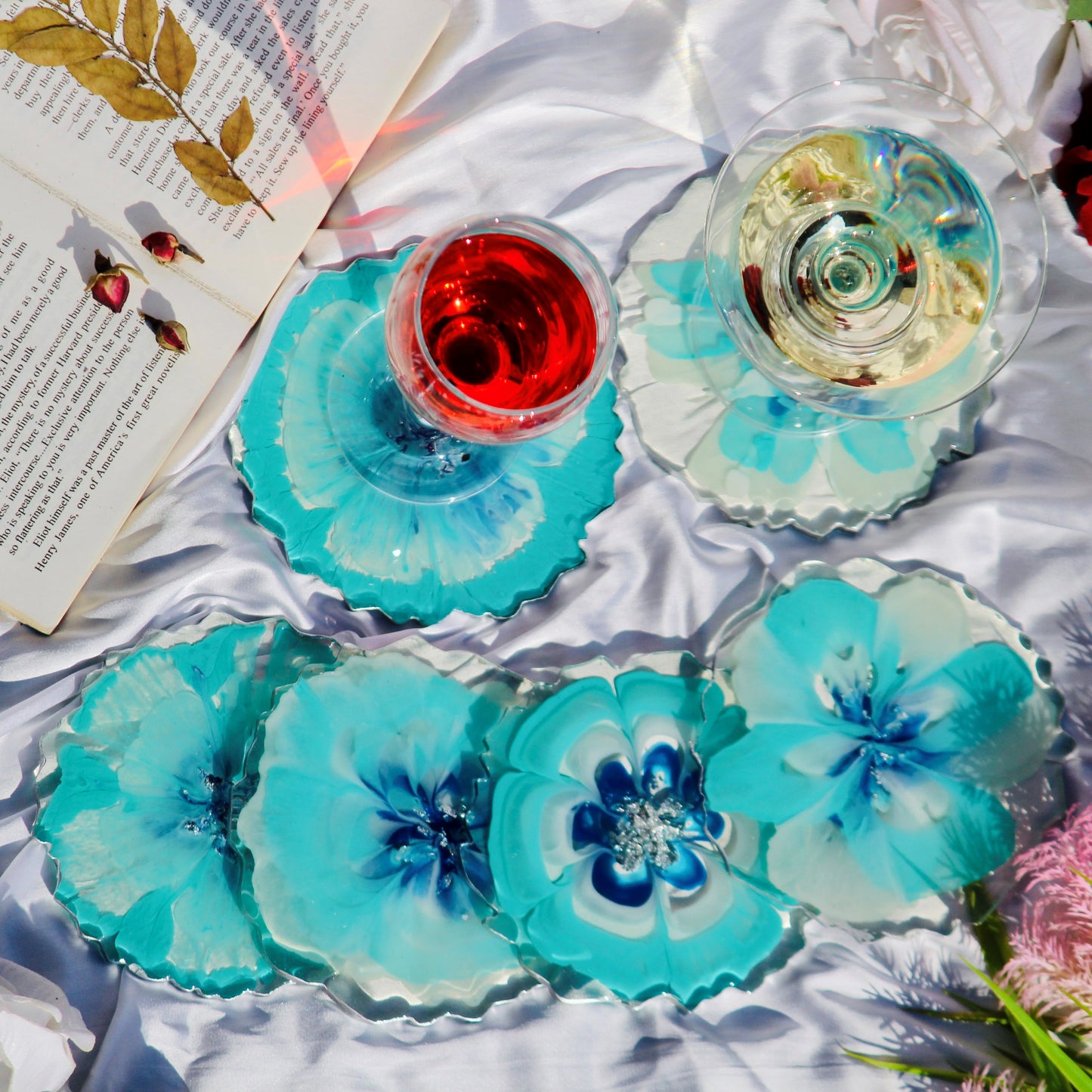 Abstract Handmade Blue Tray With Six Coasters