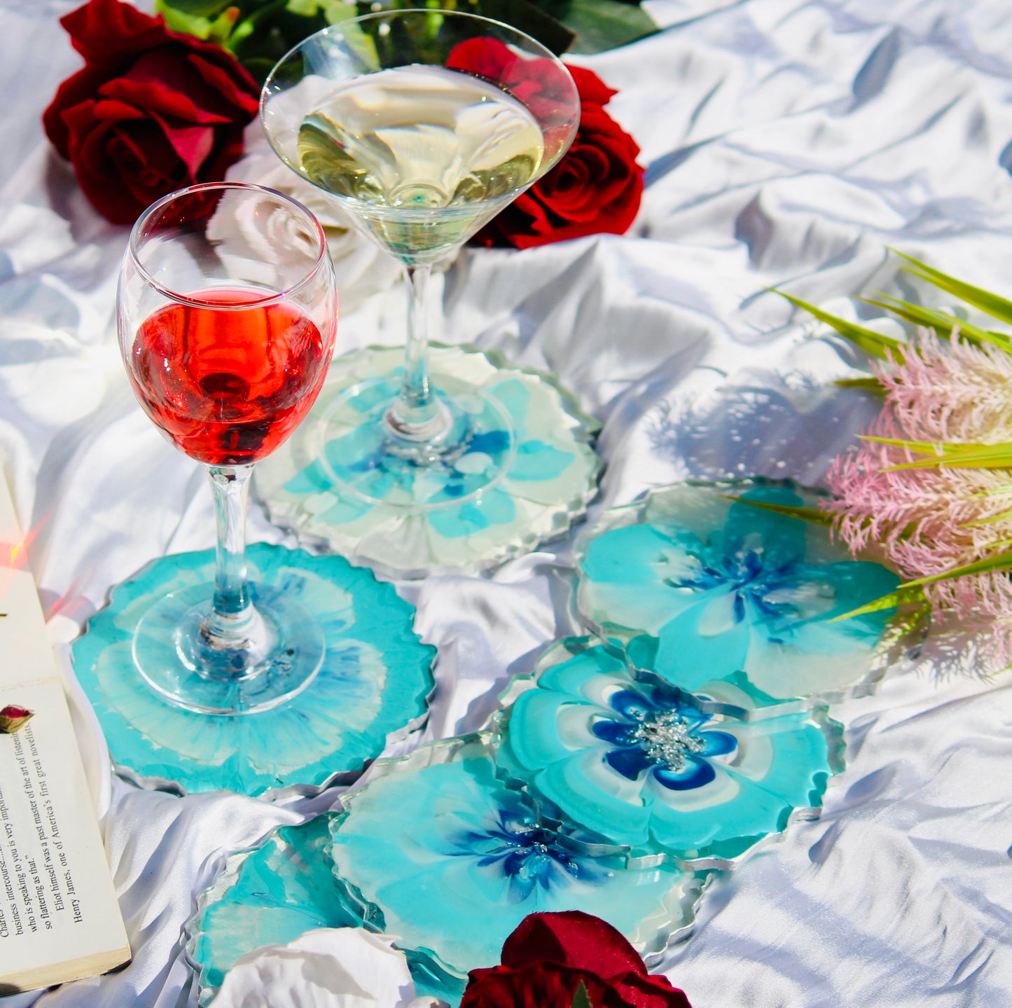 Abstract Handmade Blue Tray With Six Coasters