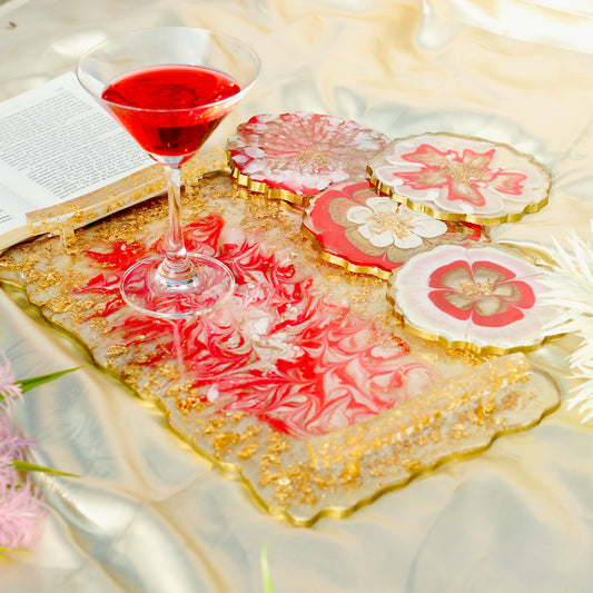 Abstract Handmade Red Tray With Six Coasters