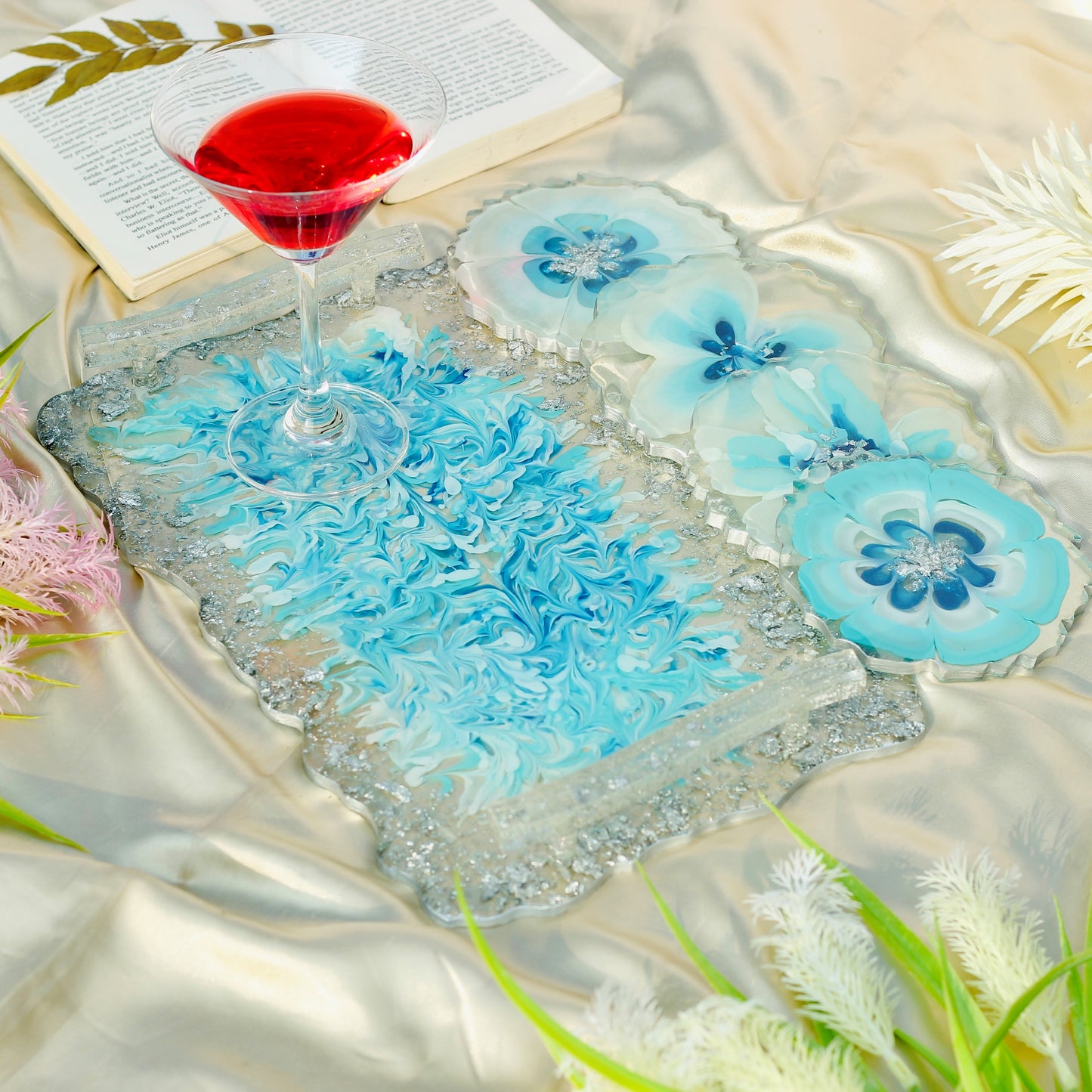 Abstract Handmade Blue Tray With Six Coasters