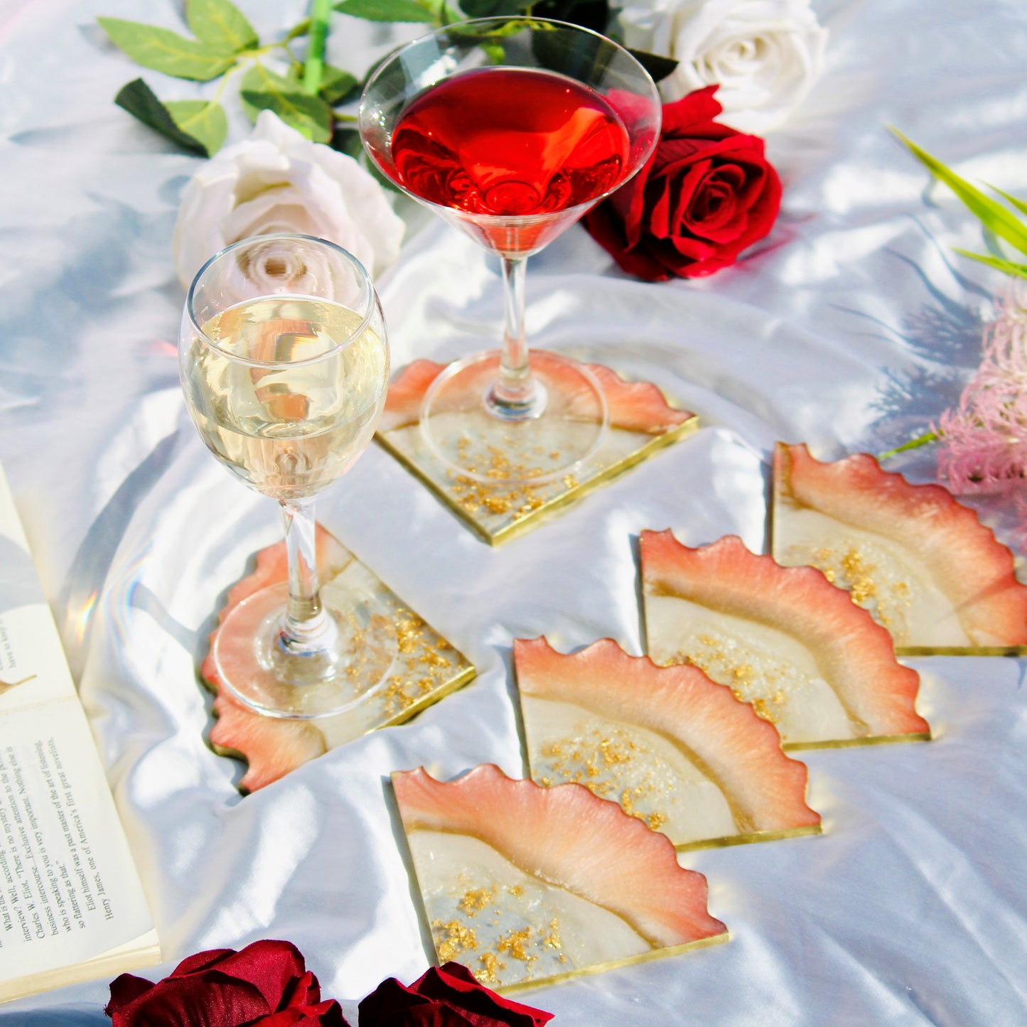 Collision - Peach white Handmade Tray With 6 Coasters