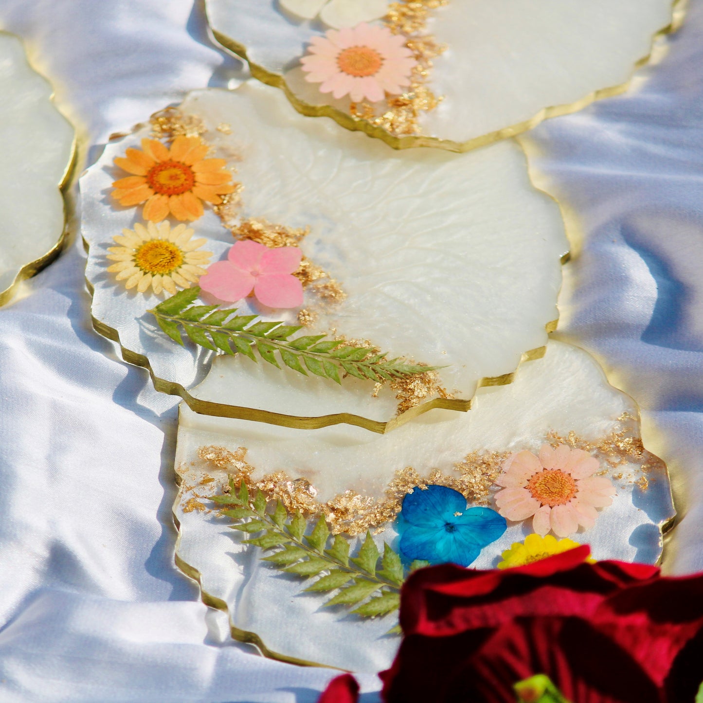 Real Flowers Handmade Set Of Six Coasters (Half Pearl)