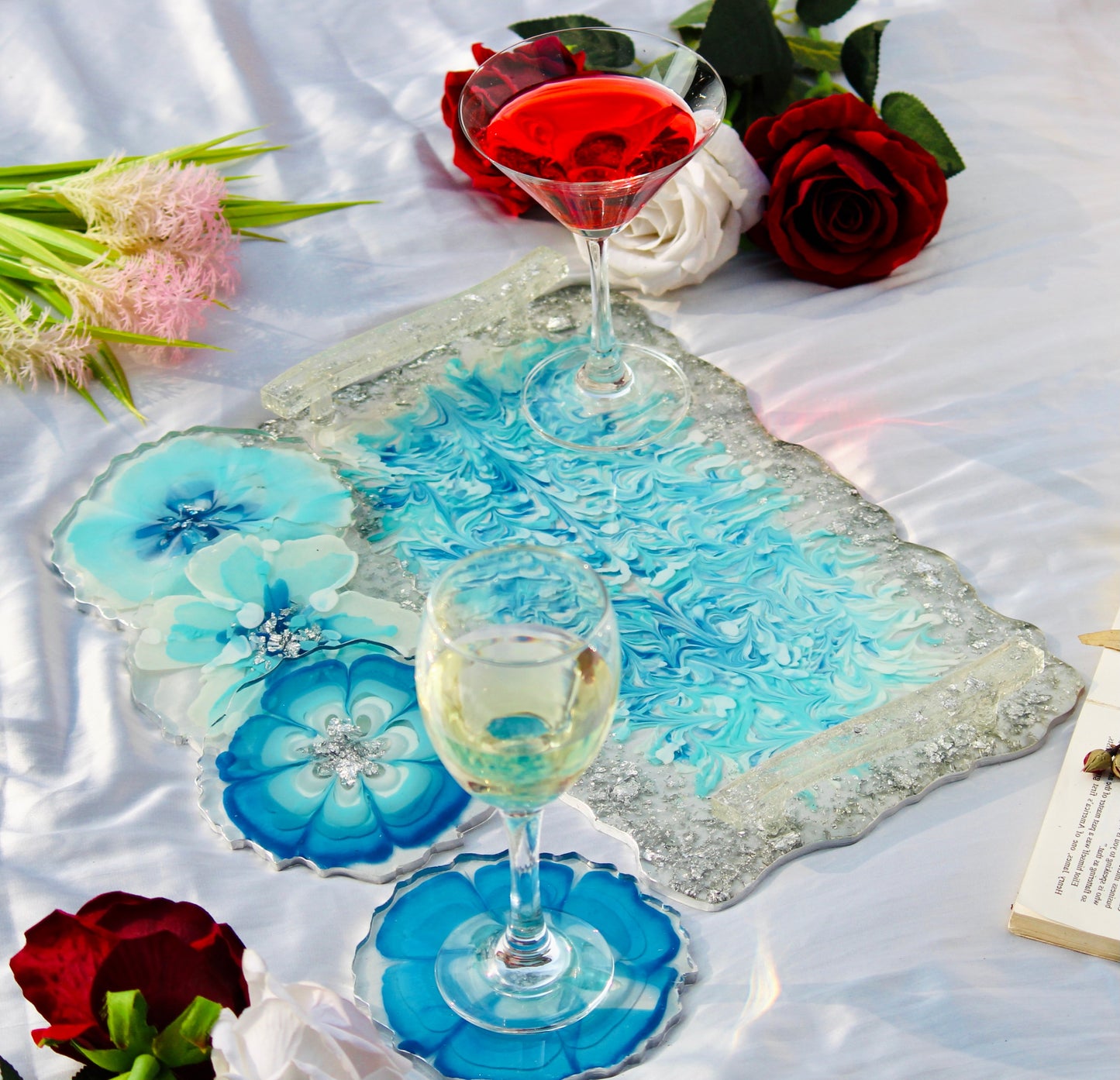 Abstract Handmade Blue Tray With Six Coasters