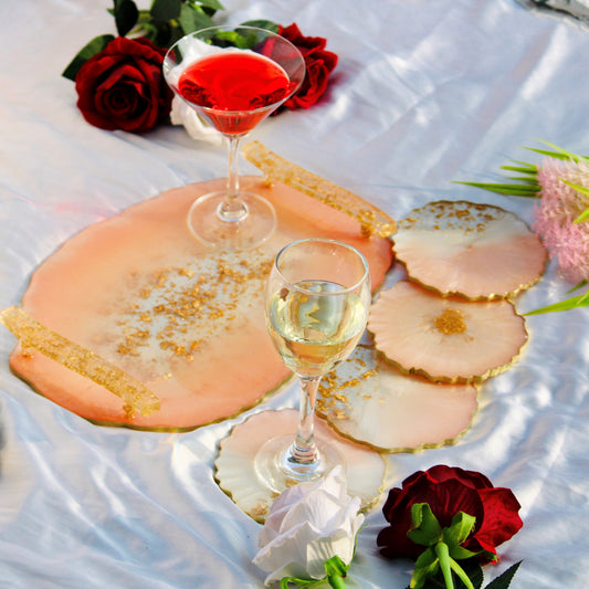 Peach Pearl & white Handmade Tray With Six Round Coasters