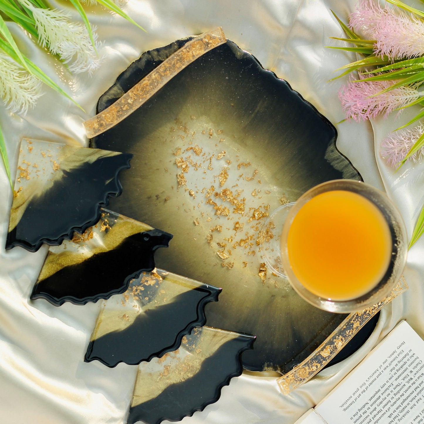 Collision - Jet Black & Golden Handmade Tray With Six Coasters