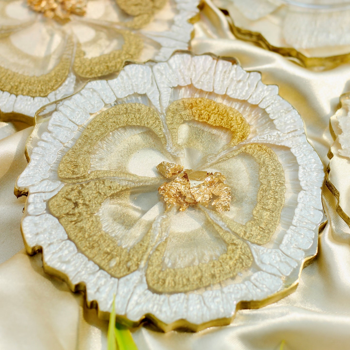 Pearl white and Gold - Handmade Resin Coasters Set Of 6