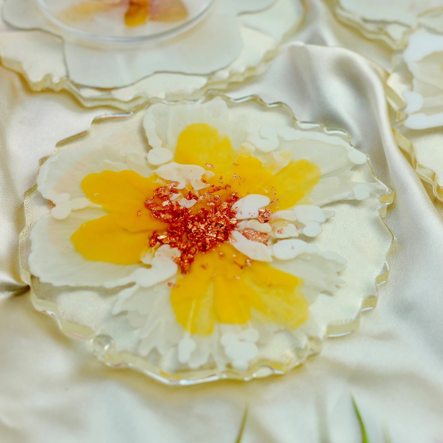 Yellow and White- Handmade Resin Coasters Set Of 6