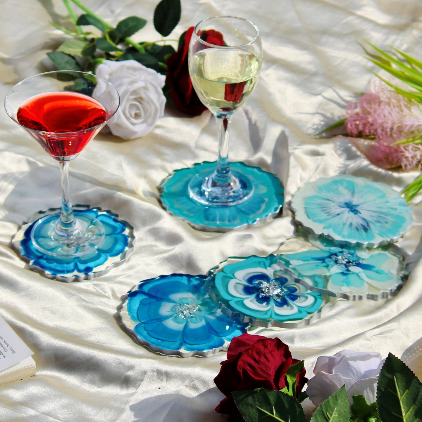 Abstract Handmade Blue Tray With Six Coasters