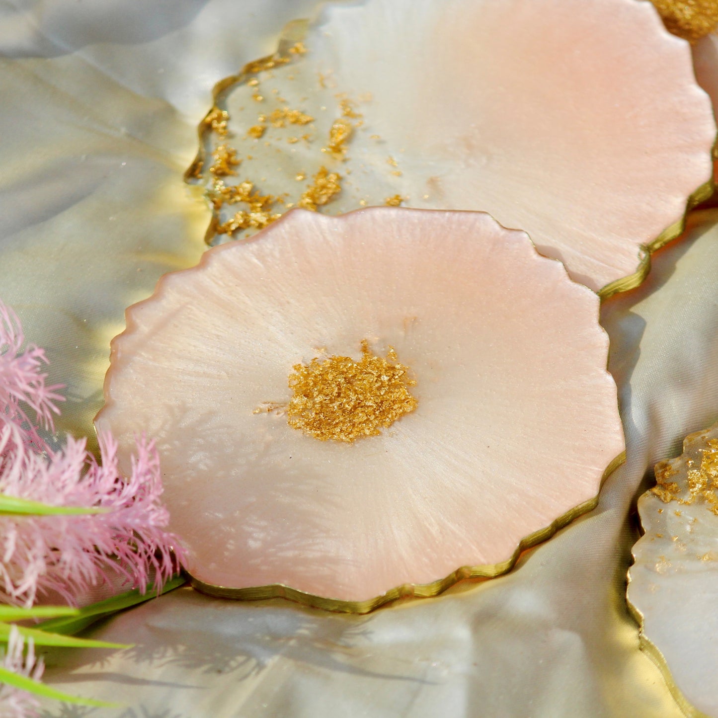 Peach and Pearl white - Handmade Resin Coasters Set Of 6