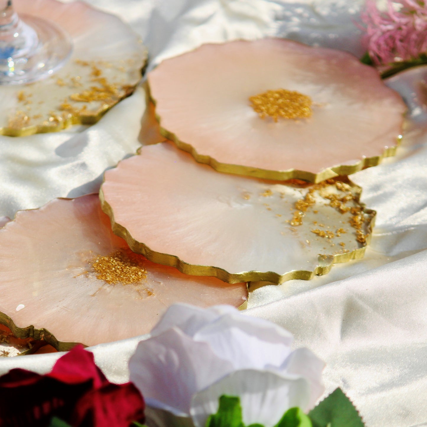 Peach and Pearl white - Handmade Resin Coasters Set Of 6