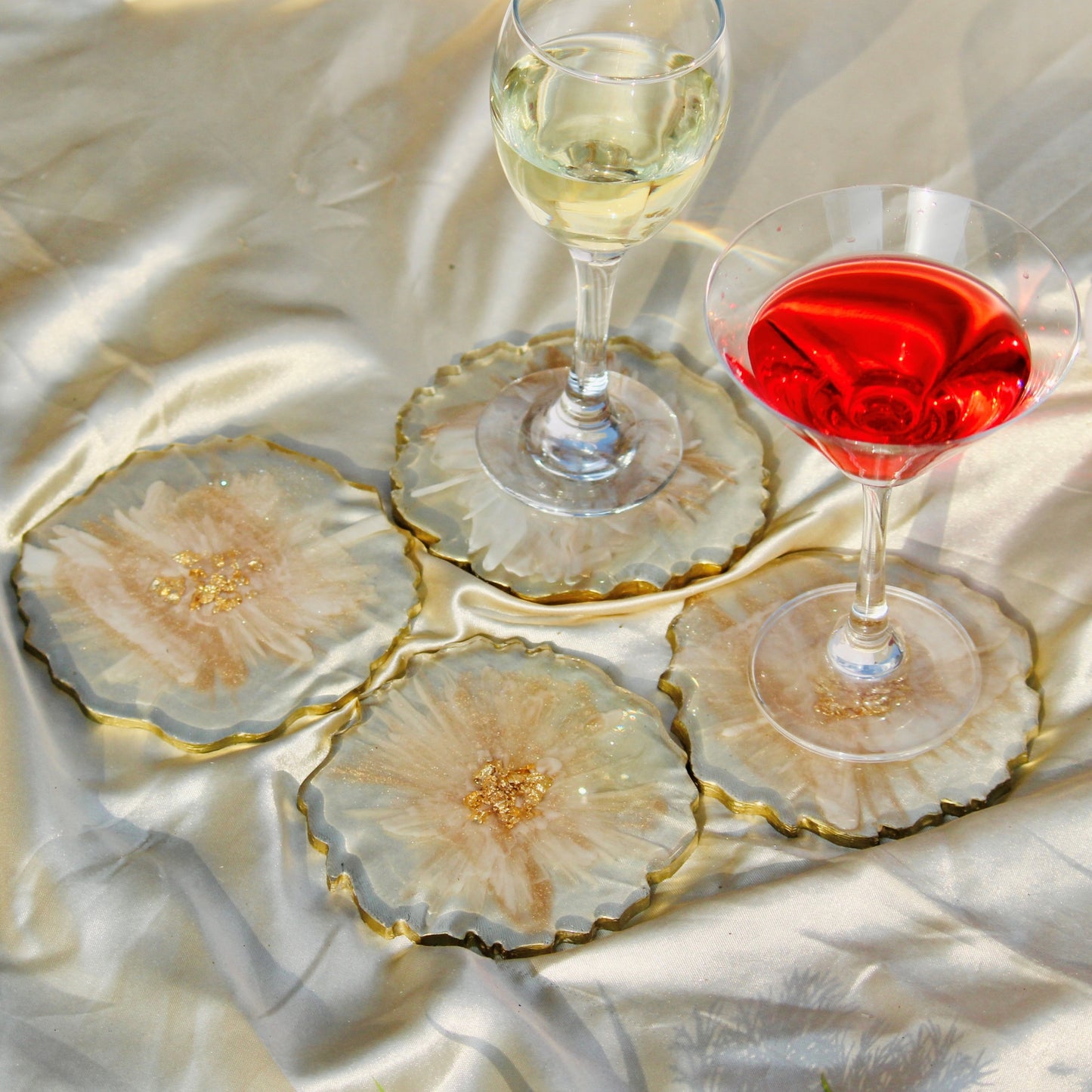 Champagne and White - Handmade Resin Coasters Set Of 6