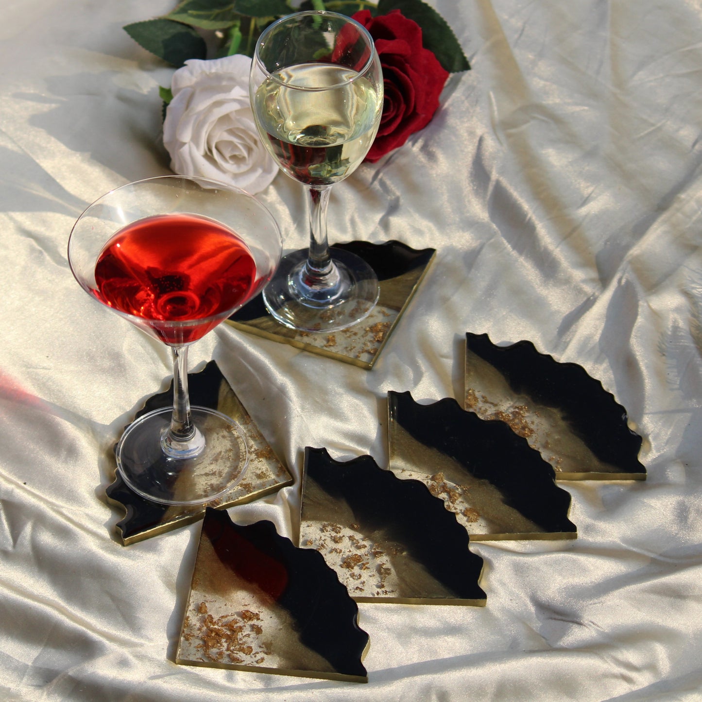 Collision - Jet Black & Golden Handmade Tray With Six Coasters