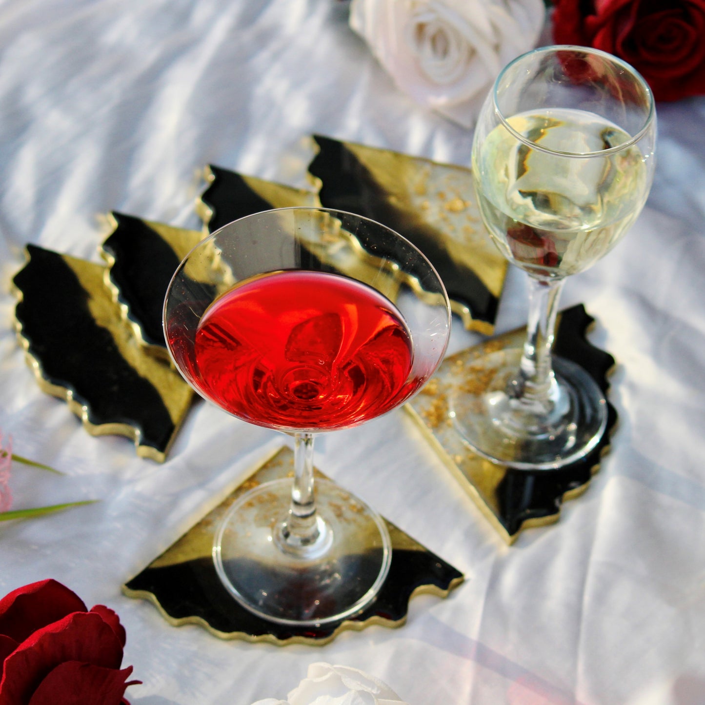 Collision - Jet Black & Golden Handmade Tray With Six Coasters